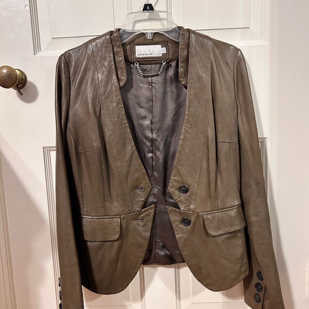 Karen Millen Army Green Leather Button Blazer Jacket Size 4/6